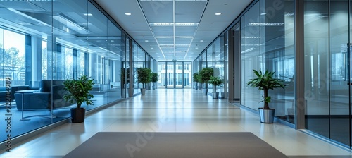 Office corridor interior. Generative AI technology.