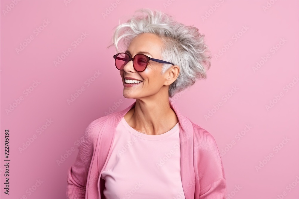 Portrait of a beautiful mature woman in sunglasses on a pink background