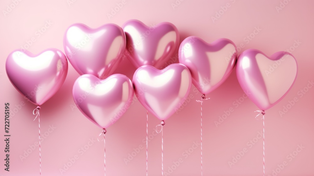 Foil balloons in the shape of a heart on a pink background. The concept of love. Decoration for Valentine's Day or wedding, women's day. A place for the text.