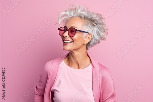 Portrait of a beautiful mature woman in sunglasses on a pink background