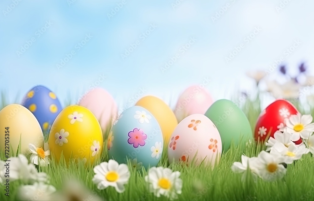 Easter eggs with flowers on bright pastel background. Easter day. presentation. advertisement. copy text space.