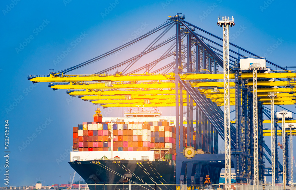 Fototapeta premium Port transports containers with crane Board a ship to deliver large cargo. Shipping system by sea, shipping containers.concept international transportation Export-import business, logistics