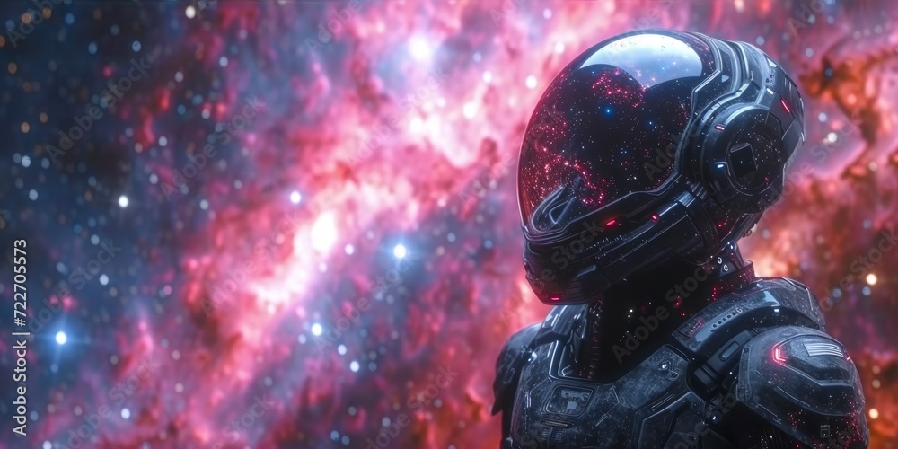 Galactic Explorer, Woman in Black Futuristic Spacesuit Against a Cosmic Backdrop