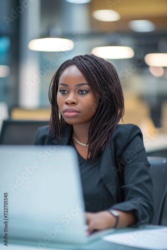 Professional Young Black Businesswoman, Working on Her Laptop at Her Desk in a Modern Office Setting.