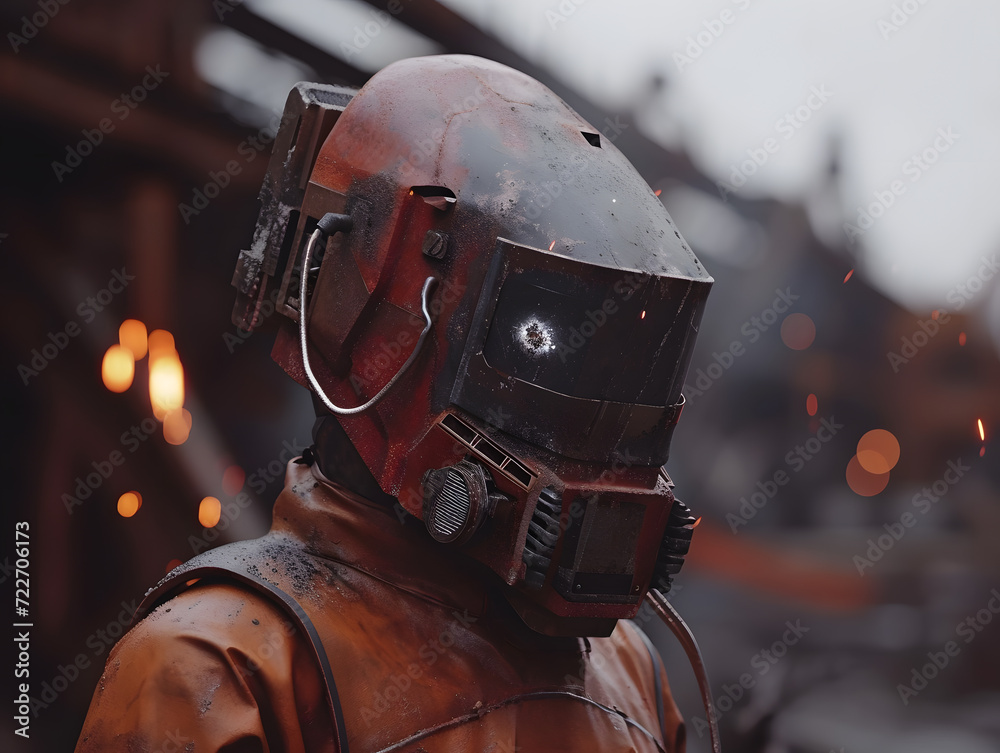 Fototapeta premium Welder in uniform diligently working on steel welding, wearing safety masks for protection against sparks and using manual tools. Welder creates sparks while working on steel in an industrial setting.
