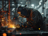 Welder in uniform diligently working on steel welding, wearing safety masks for protection against sparks and using manual tools. Welder creates sparks while working on steel in an industrial setting.