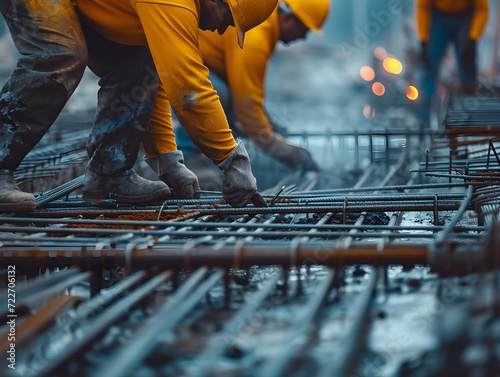 Construction workers in uniforms work skillfully outdoors, wearing gloves and helmets for protection and using manual tools, Emphasis is placed on safety in industrial environments.