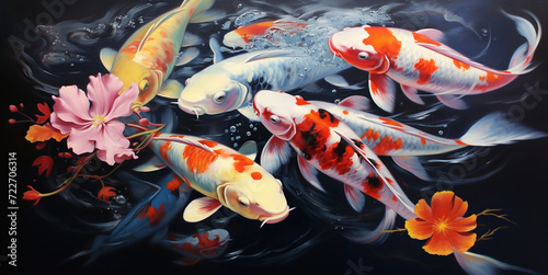 Koi fish in the pond have reflections, colorful koi fish,