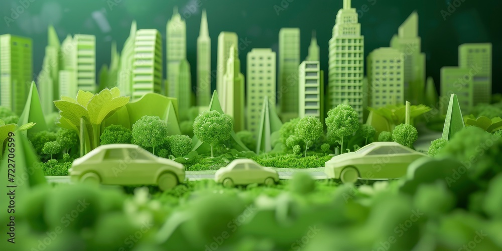 Paper Art Harmony, Green Cityscape with Trees and Eco-Friendly Cars - A Concept Celebrating Earth Day and Environment Day.