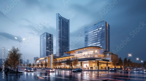 3D Render of Modern Skyscrapers Harmonizing with an Exterior Shot of a Contemporary Shopping Mall