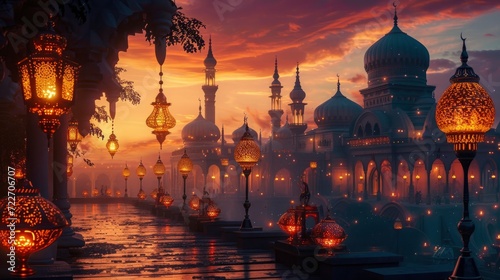 A Majestic Ramadan Kareem Scene with Elegant Lamps, Mosques, and Holy Blessings