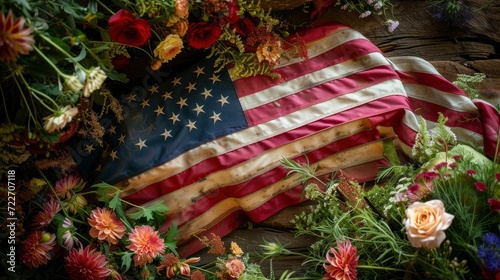 American flag on coffin with flowers photo