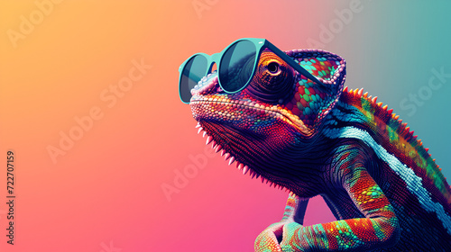 Macro cute chameleon in a pair of colorful glasses, hyperrealistic compositions, inventive. Chameleon wearing sunglasses on a solid colorful background, copy space, generative ai