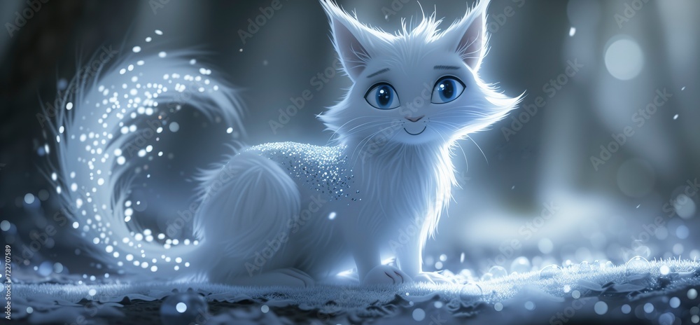 Fototapeta premium Sparkling Blue-Eyed Charm, Cartoon Character of a White Cat with a Silver Coat