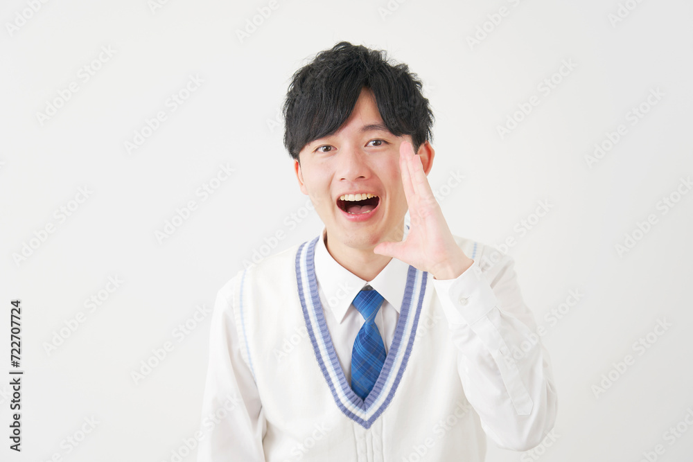 応援する男子高校生 白背景 応援する男子高校生 白背景