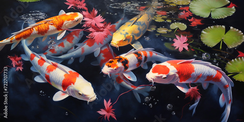 Overhead view of koi carps swimming in pond. koi Asian Japanese wildlife colorful landscape nature clear water.