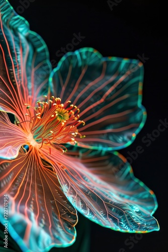 Close-Up of Petals Covered in Intricate Design Patterns, Illuminating Creative Elegance. Electroluminescent Wire Flower Art. © MdBaki