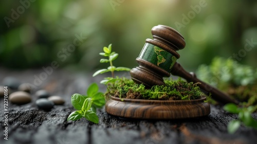 Global Values Unite, Gavel and Green Eco Earth Globe - A Concept Symbolizing International Law, Sustainable Environment, and Future Global Values