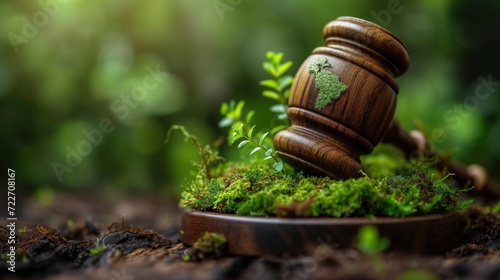 Global Values Unite, Gavel and Green Eco Earth Globe - A Concept Symbolizing International Law, Sustainable Environment, and Future Global Values photo