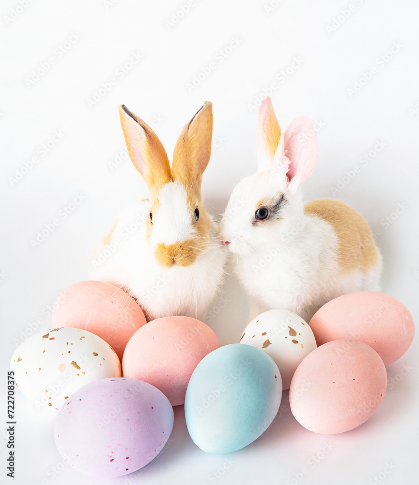 Heap of pastel colored easter eggs with a pair of adorable bunnies on white background Heap of pastel colored easter eggs with a pair of adorable bunnies on white background