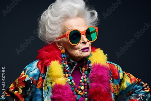 Portrait of a beautiful senior woman in colorful clothes and sunglasses. © Inigo