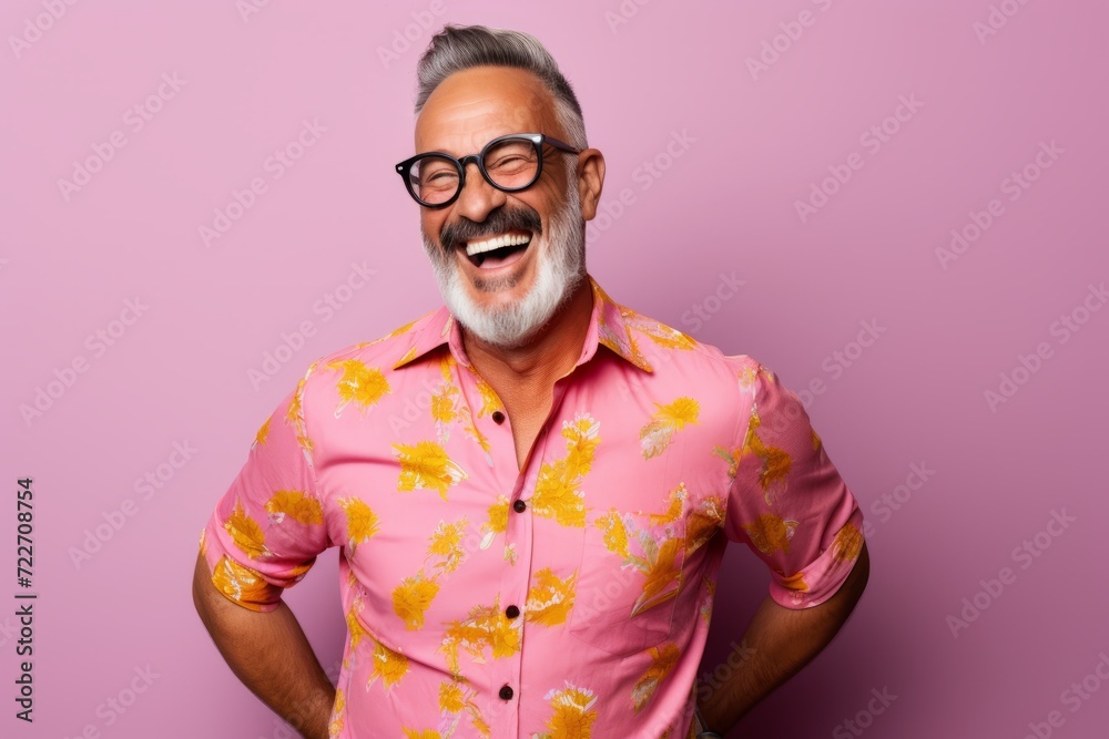 Portrait of a happy senior man with glasses laughing and looking at camera over pink background Portrait of a happy senior man with glasses laughing and looking at camera over pink background