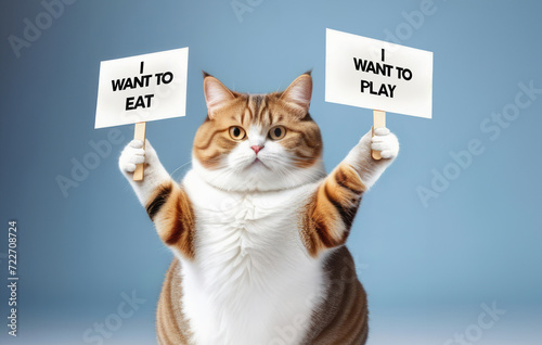 Cute cat holds a sign in paws with the text "I want to eat" and "I want to play".