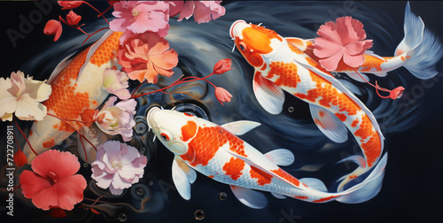 Koi fish drawing. Asian background, abstract background design in Eastern Japanese style with koi fish. Carp swimming in the water
