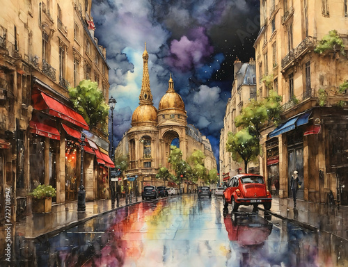 Alcohol inks painting of European city street after the rain 