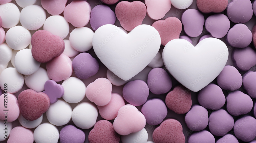 multiple hearts of different shades of pink and purple scattered on a gray surface