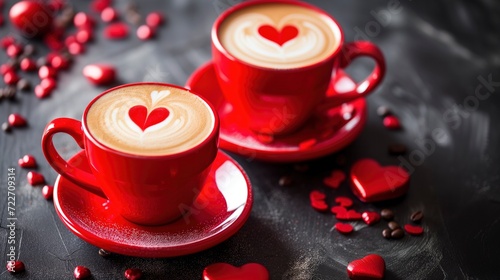 Love in Every Sip, Red Valentine Coffee Latte Cups Adorned with Heart Decorations