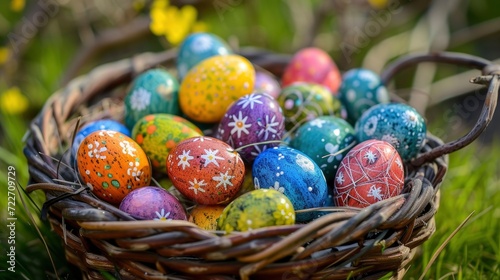 A Basket of Colorful Easter Eggs Nestled on Lush Green Grass