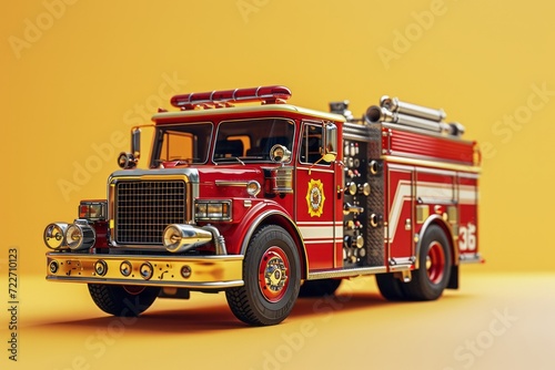 Maroon Toy Fire Truck, on an Isolated Yellow Background, Generative AI
