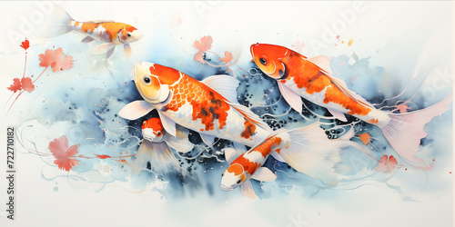 Koi fish, specifically nishikigoi (Cyprinus rubrofuscus), colorful decorative fish in a pond. photo