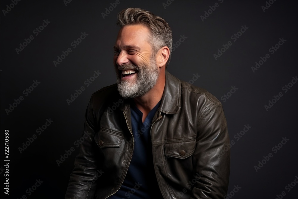 Handsome middle aged man with gray hair and beard wearing a leather jacket on a dark studio background
