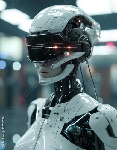 Humanoid robot testing the VR headset. Generative AI technology.