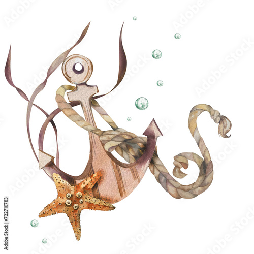 composition of an anchor with a rope, a starfish and algae. marine theme. handmade work. isolated on a white background. for your design.