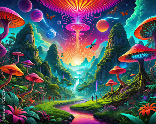 Vibrant Psychedelic Dance Party in an Ultra-Realistic 8K Landscape with Diverse Characters and Insects Gen AI photo