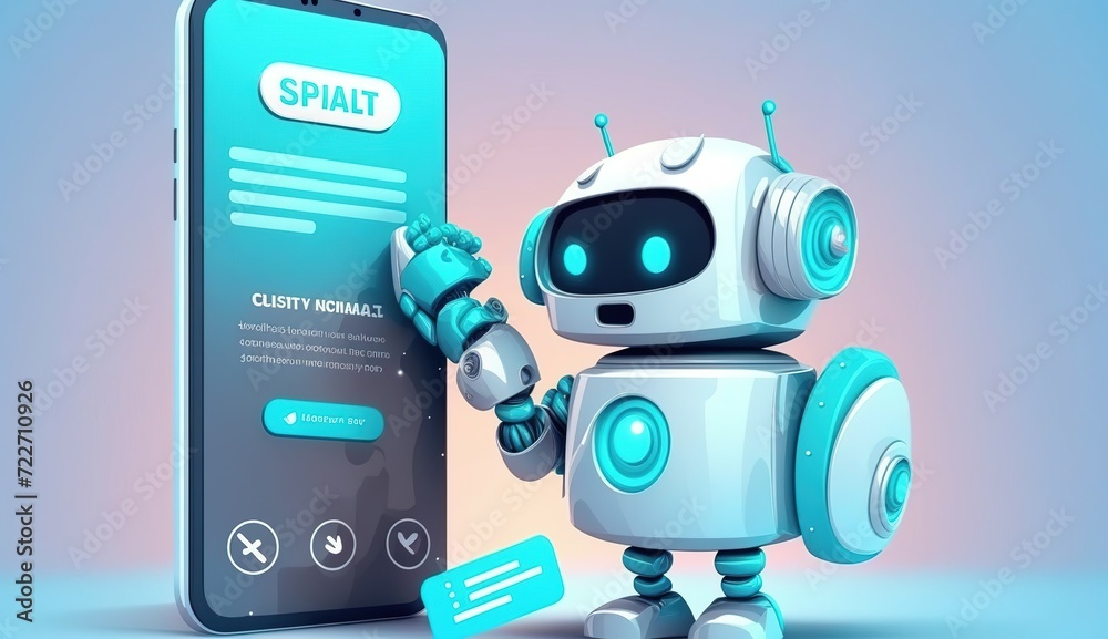 Adorable 3D Robot Character Interacting with Advanced Technology Smartphone Interface. Chat AI technology. GPT customer service landing. Cartoon cyber character. Vector illustration Adorable 3D Robot Character Interacting with Advanced Technology Smartphone Interface. Chat AI technology. GPT customer service landing. Cartoon cyber character. Vector illustration