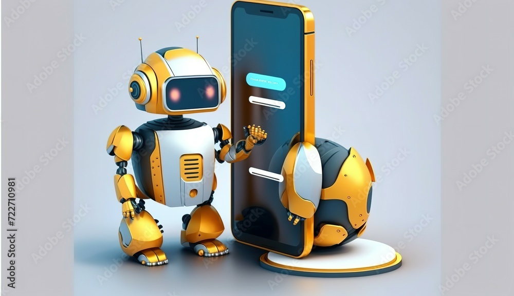 Adorable 3D Robot Character Interacting with Advanced Technology Smartphone Interface. Chat AI technology. GPT customer service landing. Cartoon cyber character. Vector illustration Adorable 3D Robot Character Interacting with Advanced Technology Smartphone Interface. Chat AI technology. GPT customer service landing. Cartoon cyber character. Vector illustration