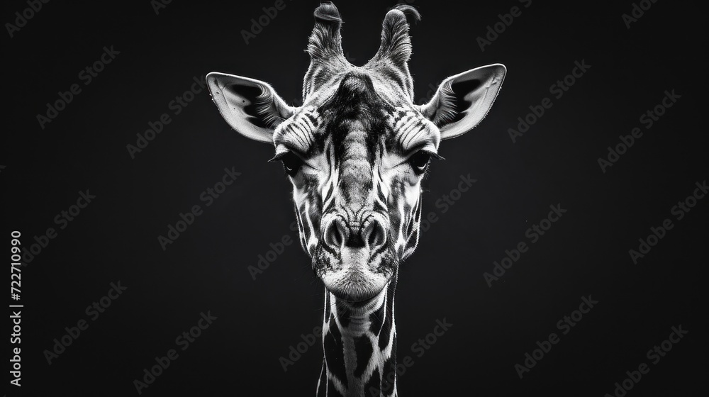 Obraz premium a black and white photo of a giraffe's head with its long neck and head turned to the side.