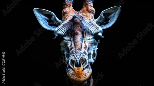  a close up of a giraffe s face in the dark with it s eyes wide open.