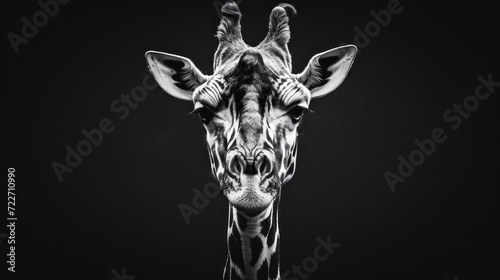  a black and white photo of a giraffe's head with its long neck and head turned to the side.