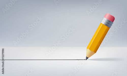 Yellow wooden pencil draws a long straight line on a white gray background