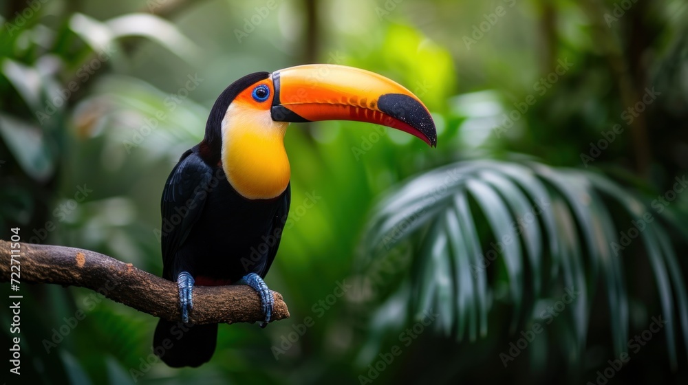 Naklejka premium Beautiful toucan bird is sitting on a branch in the forest AI generated image