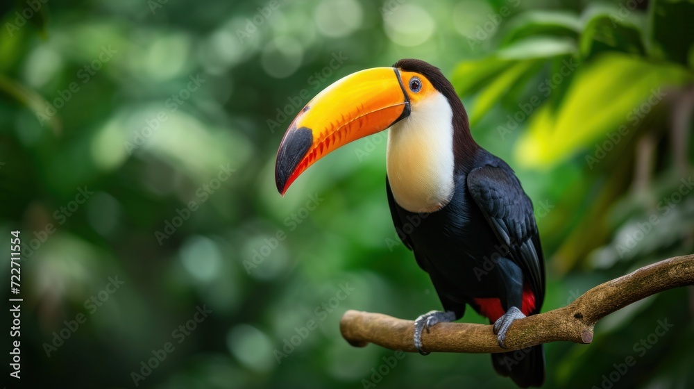 Obraz premium Beautiful toucan bird is sitting on a branch in the forest AI generated image