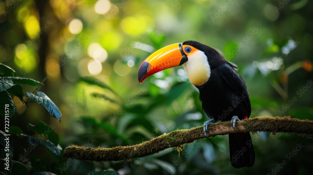 Fototapeta premium Beautiful toucan bird is sitting on a branch in the forest AI generated image