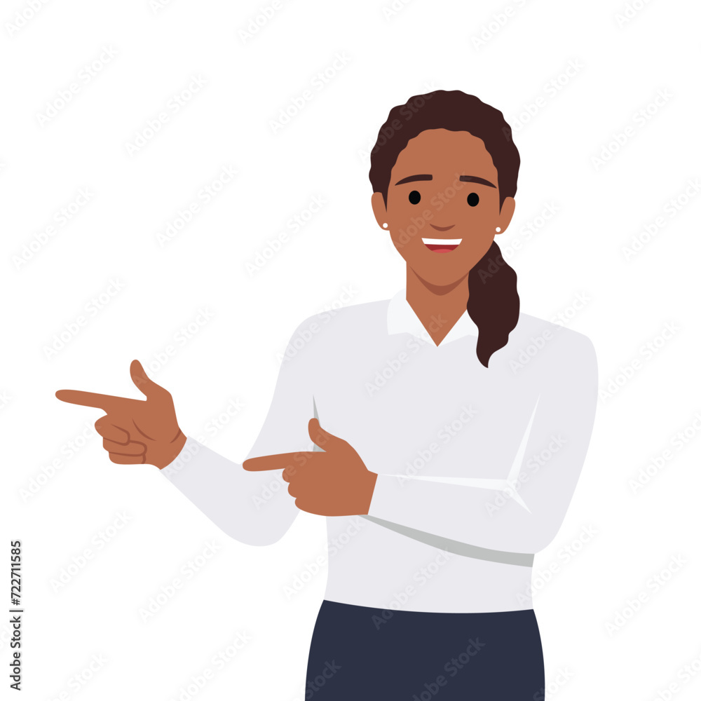 Woman hand pointing finger at left up corner with happy expression and advices use this copy space wisely. Flat vector illustration isolated on white background Woman hand pointing finger at left up corner with happy expression and advices use this copy space wisely. Flat vector illustration isolated on white background