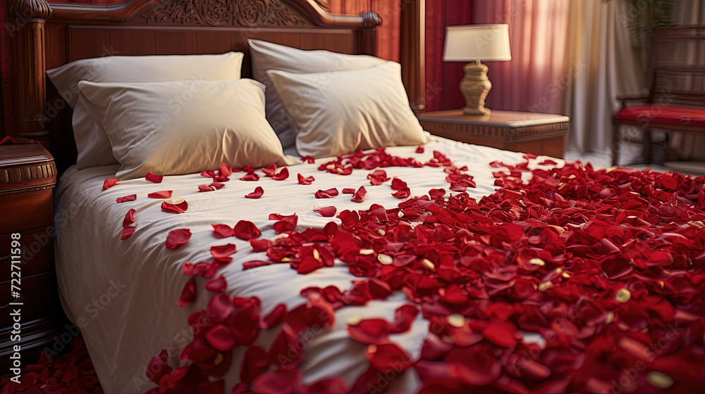 Rose and petals laid out on bed duvet. Created with Ai