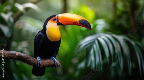 Beautiful toucan bird is sitting on a branch in the forest AI generated image